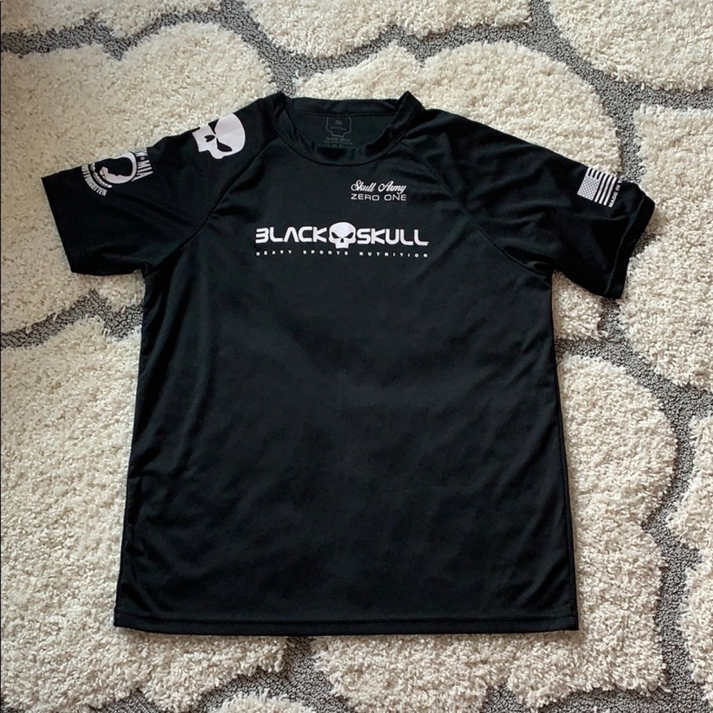 Black T-shirt with white words and picture on back